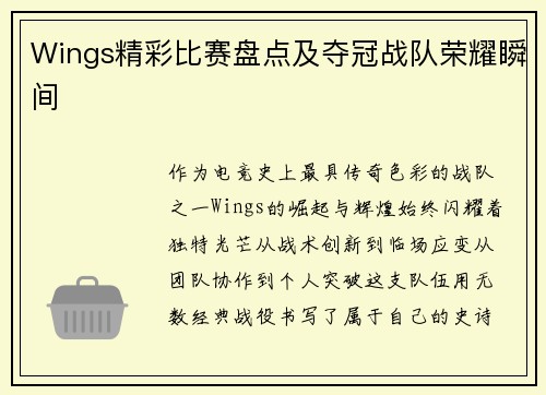Wings精彩比赛盘点及夺冠战队荣耀瞬间