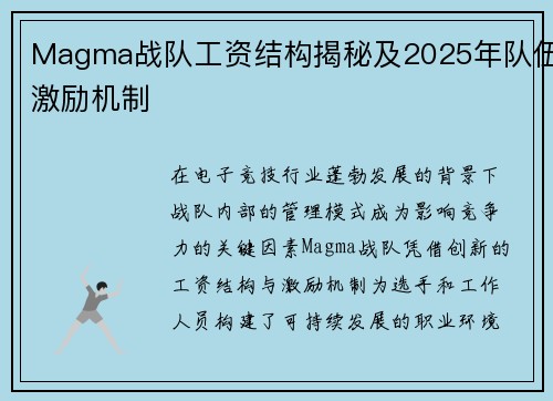 Magma战队工资结构揭秘及2025年队伍激励机制