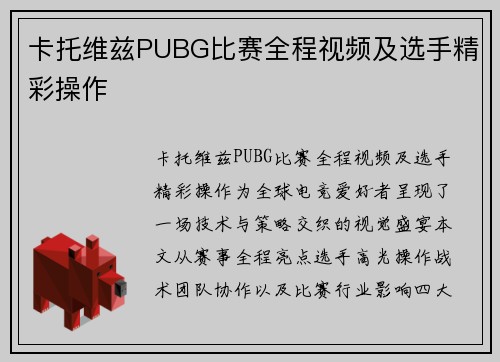 卡托维兹PUBG比赛全程视频及选手精彩操作