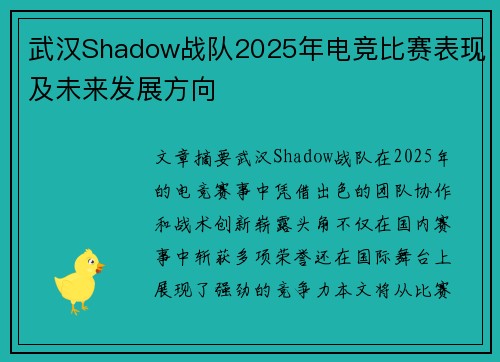 武汉Shadow战队2025年电竞比赛表现及未来发展方向